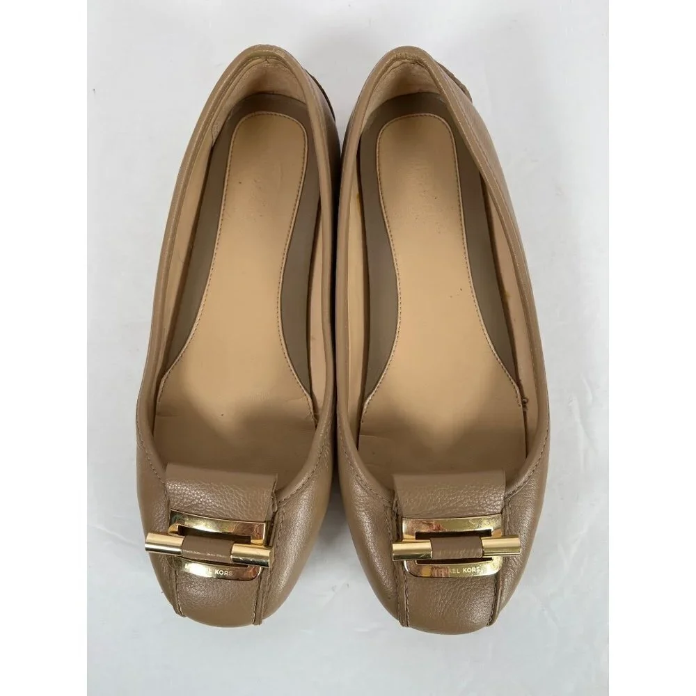 Michael Kors Size 6.5 Tan Balletcore Flats Leather Ballet‎ Gold Buckle Detail